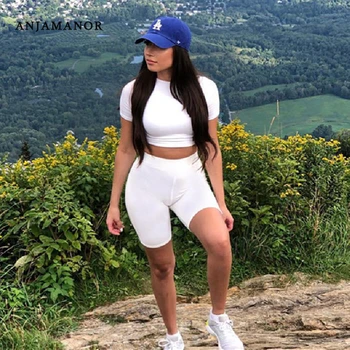 

ANJAMANOR Sexy Two Piece Set Suit Summer Clothes for Women Tracksuit Biker Shorts Crop Top Matching Sets Ladies Outfits D53-AD25