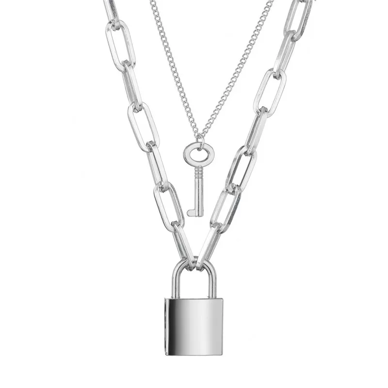 AkoaDa Fashion Key Padlock Pendant Necklace For Women Men Silver Colour Lock  Necklace Layered Chain On The Neck With Lock Punk Jewelry 