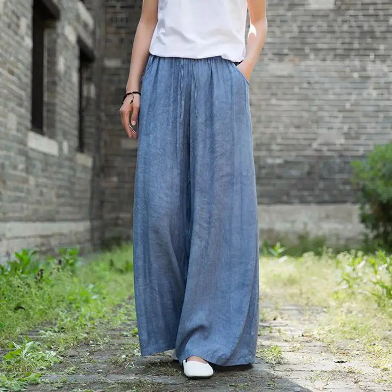 Johnature 2020 Autumn New Full Length Retro Elastic Waist Tie Dye Wide Leg Pants Loose Comfortable All-match Women Lace Up Pants Johnature 2020 Autumn New Full Length Retro Elastic Waist Tie Dye Wide Leg Pants Loose Comfortable All-match Women Lace Up Pants