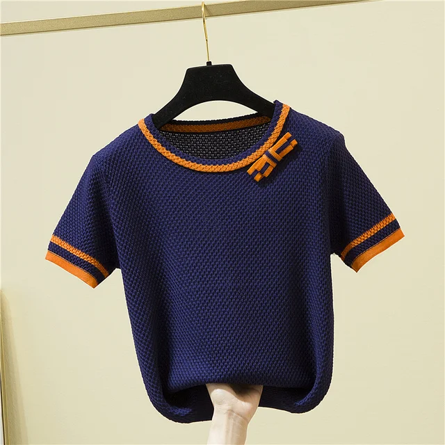 Korean Fashion Bow Patchwork Short Sleeve T-Shirt Women Elegant Summer Knitted Tees Office O-Neck Thin Woman Tshirt Tops Female Orange collar