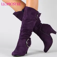 Lloprost ke/большой размер 43; коллекция года; сапоги до колена; Женская Осенняя обувь из искусственной замши с пряжкой; модная женская обувь на шпильках; зимняя обувь; Лидер продаж