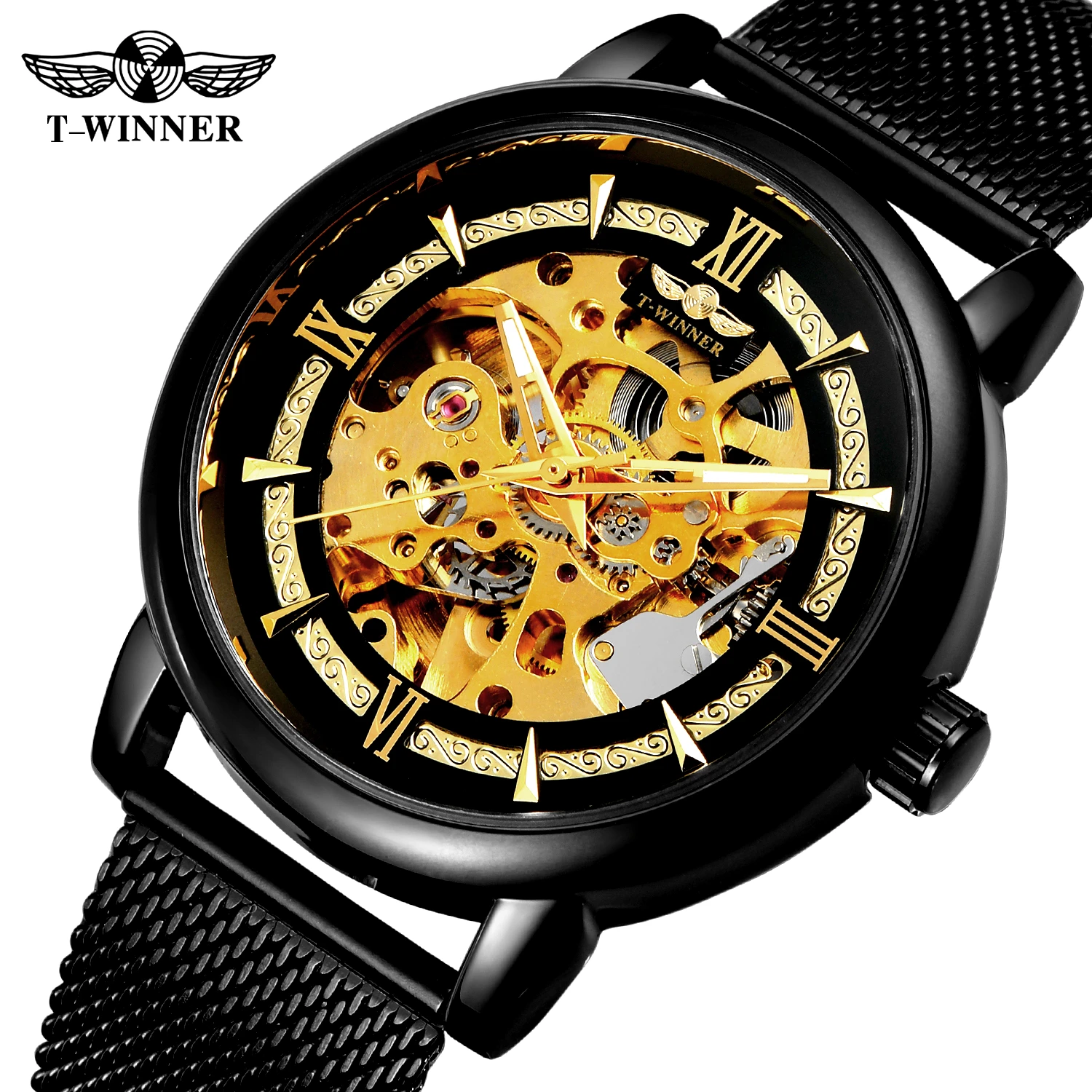 

Winner Men Automatic Self Wind Mechanical Watch Skeleton Dial Luminous Hands Stainless Steel Black Mesh Strap