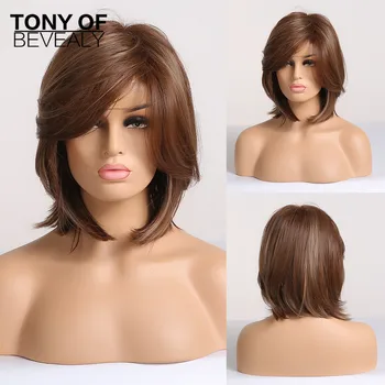 

Short Bob Brown Straight Hair Side Part Synthetic Wigs WIth Bangs For Afo Women Layered Fluffy Daily Wigs Heat Resistant Fiber