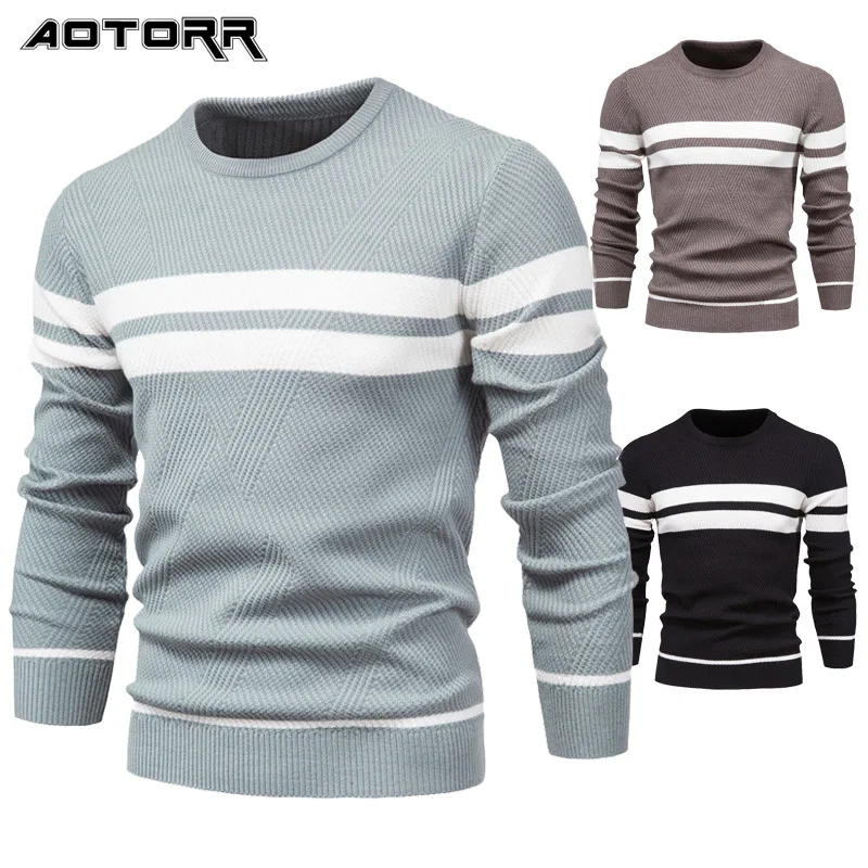 Suéter para hombre, primavera otoño Casual rayas jerséis de lana los hombres Color de moda a juego o-Cuello Fondo camisa de Color sólido Jersey