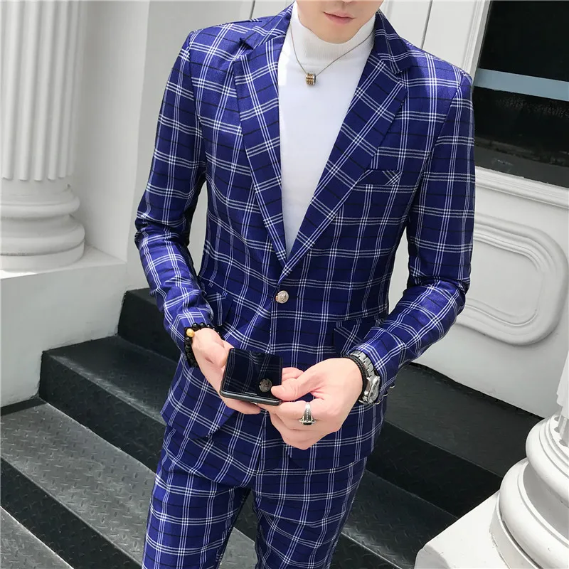 

2019 Mens Suit Slim Fit Casual One Button Fashion Grid Blazer Side Vent Jacket and Pant for Wedding Party Suit M-3XL