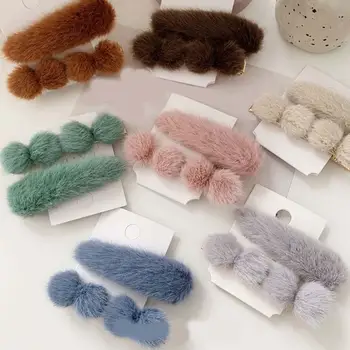 

Winter Women Hair Accessories Fur Pom Pom Ball Water Drop Hair Clips Hairpins Sets Girls Barrettes Hairgrips Hair Styling Tool