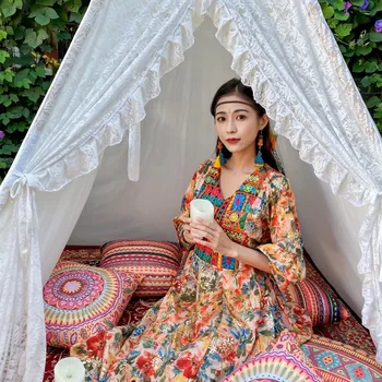 

Horn sleeve v-neck embroidered printing Bohemia folk tourism vacation seaside beach dress dress