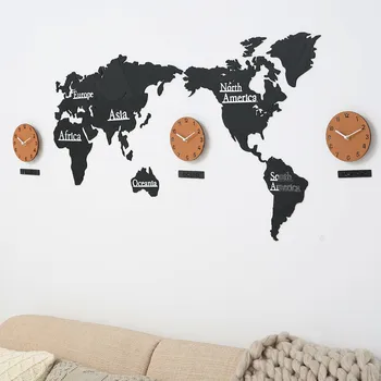 

Clock Map of the World Creative Nordic DIY Guest Hall 3D Large Size Solid Wood Wall Decoration Wall Stickers Watch Hanging Clock