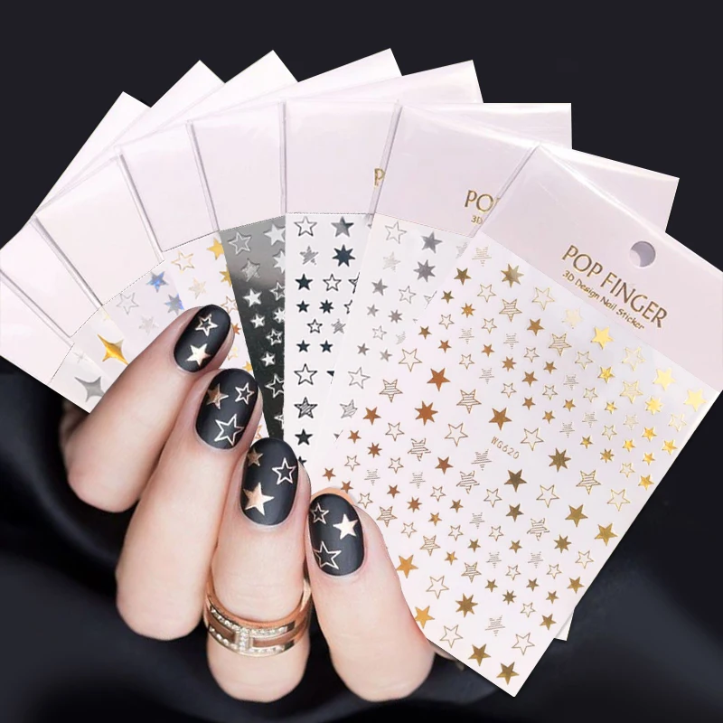 

1PC 3D Nail Stickers Black Glitter Silver Star Self-Adhesive Slider Letters Nail Art Decorations Decals Manicure Accessories