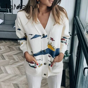 

JaMerry Cartoon V-neck women's cardigan Button down shoulder sleeve casual loose pocket coat Autumn winter knitted sweater 2020