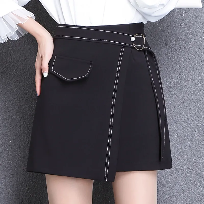 

Spring And Summer New Style Hipster Short Skirt Korean-style High-waisted Irregular Slit A- line Skirt Belt Decoration Skirt Bla