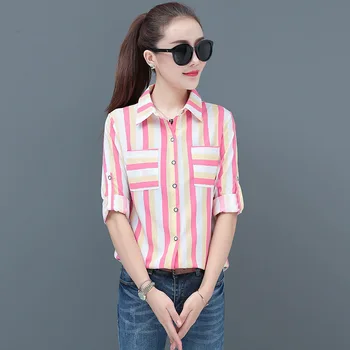 

S-5XL Plus Size Women Blouses Spring Autumn Long Sleeve Loose Casual Shirts Fashion Stripe Shirts Top Female Button Blouse Tops