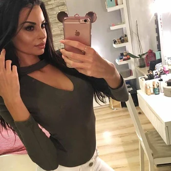 

Sexy Womens Long Sleeve Bodysuit Choker Romper Deep V Neck Bodycon Body Suit One Piece Playsuit Fitness Overalls For Women