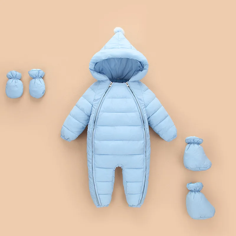 Детский зимний теплый костюм; Детский пуховик; Детский комбинезон; зимняя куртка для новорожденных; зимний модный плотный теплый комбинезон с капюшоном - Цвет: Небесно-голубой