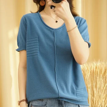 

Autumn T Shirt Cotton Top Fashion Pullover Female Tshirts Women Short Sleeves Stylish Ladies Flat Knitted Thin V-neck Casual