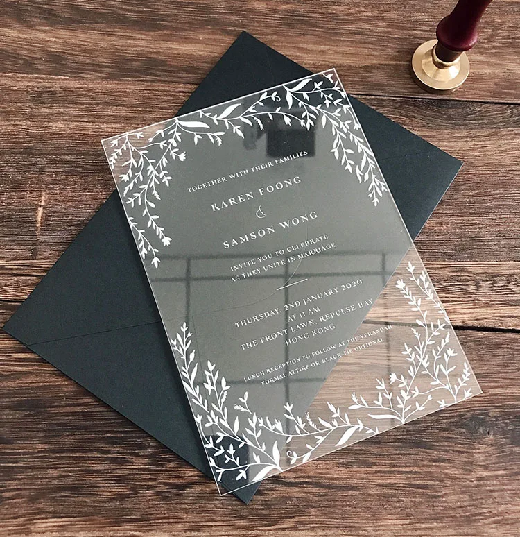  2020 white print clear acrylic wedding invitation with leaves design - 33008334706