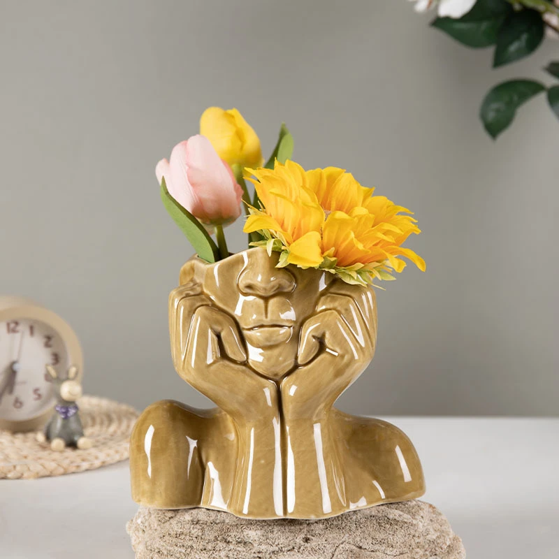 セラミック花瓶 芸術的な手作りの花の組み合わせ 人間の顔の頭の保持 家の装飾のための抽象的な花の花瓶 花瓶 Aliexpress
