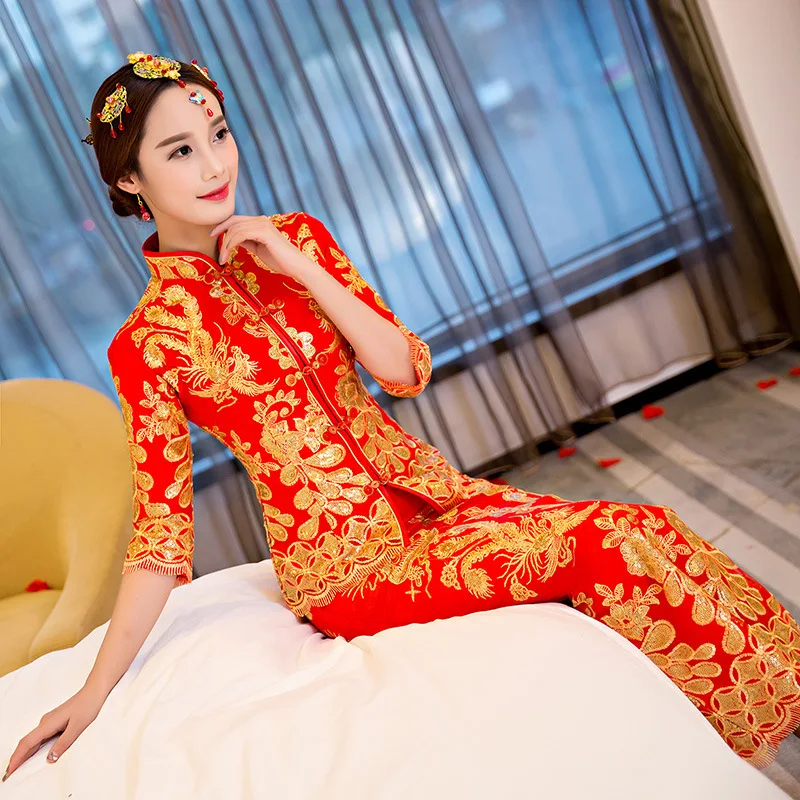 Chinese Bride Wedding Qipao Cheongsam Satin Skirt chinese dress female evening dress