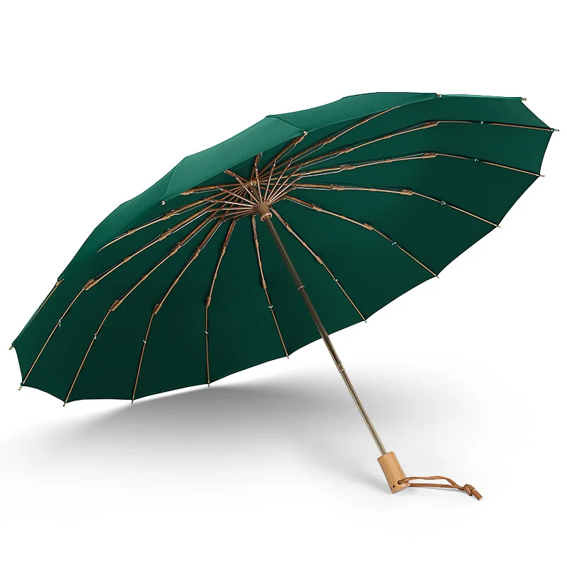 3 Folding Sunny Rainy Umbrella 16 Ribs Windproof Travel Umbrella Coating Sun Protection Parapluie Wood Handle