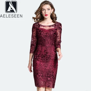 

AELESEEN Sexy Dress 2020 Spring Summer Women's 3/4 Sleeve Sheath Dress Luxury Mesh Flower Embroidery Plus Size Dress 3XL