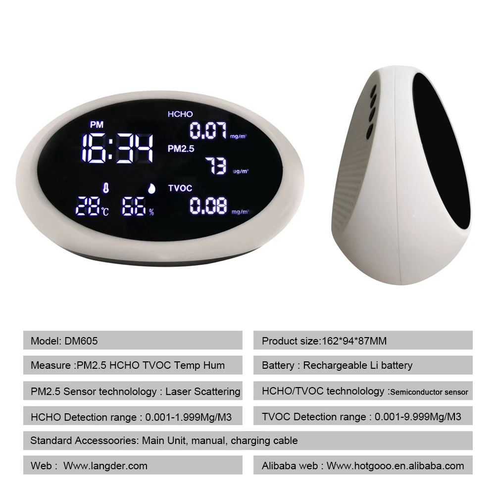5 в 1 цифровой детектор формальдегида PM2.5/HCHO/TVOC/температура/влажность тестер монитор качества воздуха газовый тестер анализатор