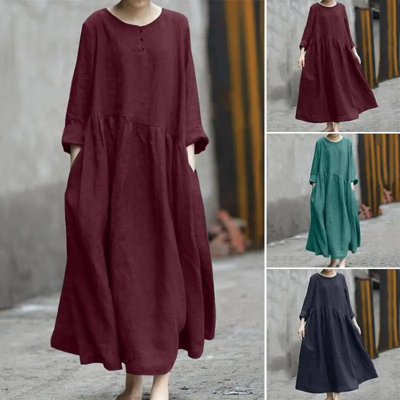 

New Large Size Cotton Linen Casual Dress 4XL 5XL 6XL 7XL Fashion Ladies Round Neck Long Sleeve Irregular Patchwork Pocket Dress