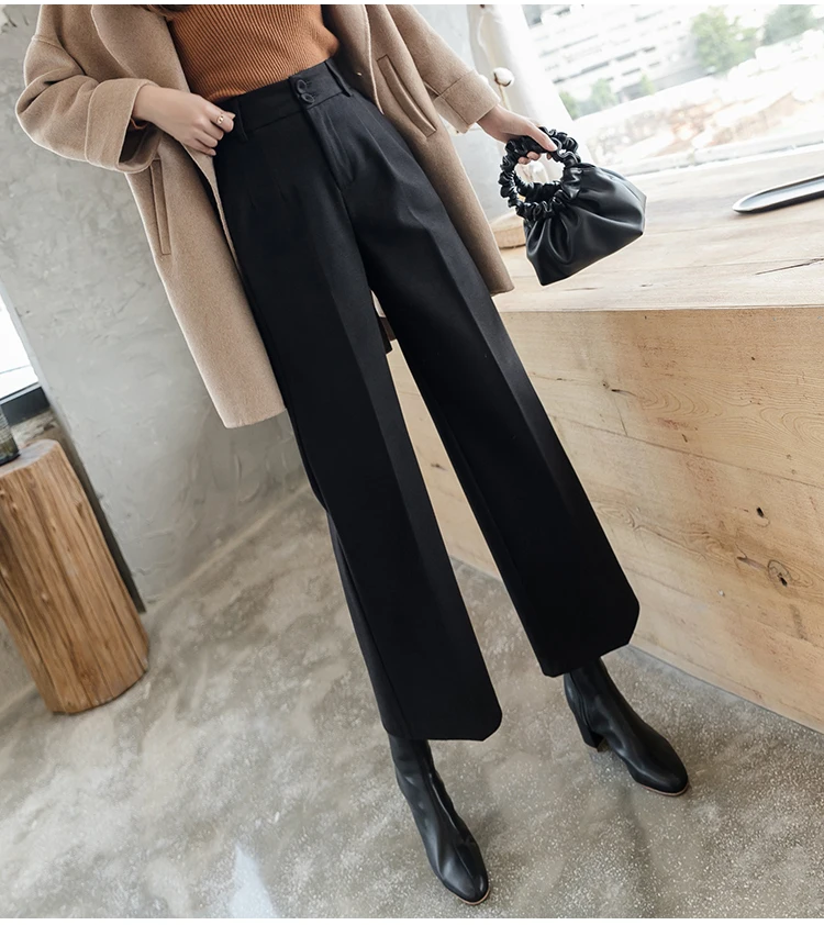 REALEFT Осень Зима теплые OL стильные шерстяные широкие брюки с высокой талией свободные брюки женские рабочие брюки винтажные брюки