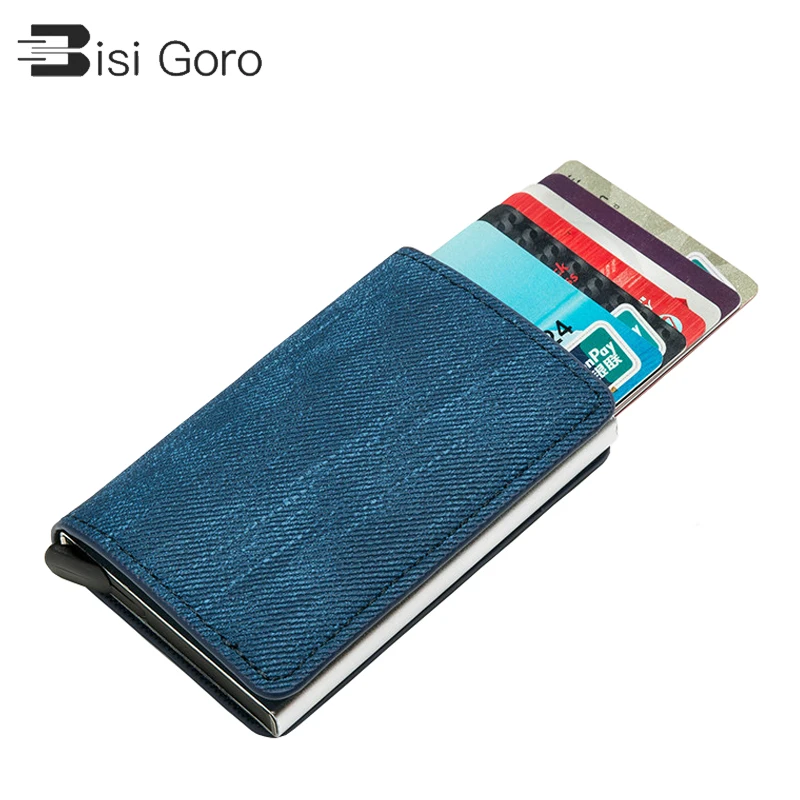 Mini cartera antirrobo delgada para hombre y mujer, billetera con bloqueo RFID, tarjetero, funda de identificación de Metal Pop-up de negocios vaquera, 2021