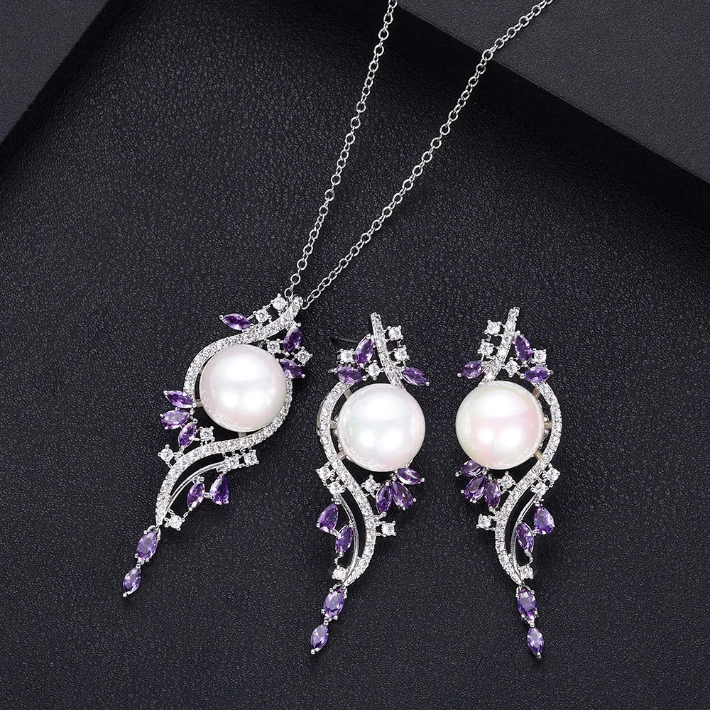 Родиевое покрытие JANKELLY цирконы элегантный дизайн зеленый кубический цирконий Кристалл Длинные жемчужные висячие серьги ожерелье Винтаж набор украшений для женщин - Окраска металла: Родиевое покрытие