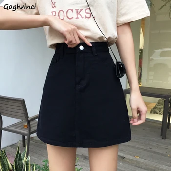 

Skirts Women Korean Style Solid Button Elegant Ulzzang High Waist A-Line Womens Denim Mini Skirt Chic Fashion Streetwear Simple