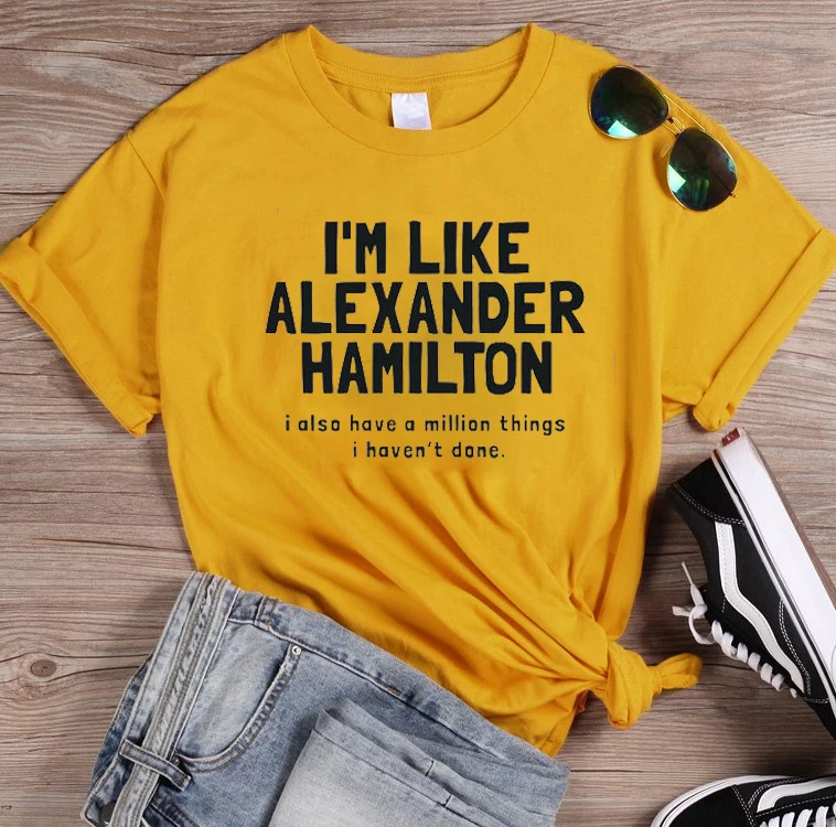Мне нравится Александр Гамильтон модная футболка с принтом с буквами Футболка с музыкальной тематикой Hipster женская Мода хлопковая Повседневная малышовая футболка гранж tumblr гот футболки - Цвет: Orange-black txt