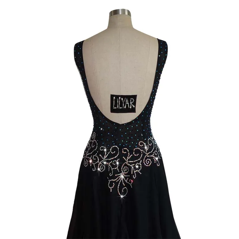 Ballroom Dance Standard Skirt Competition Costumes Performing Dress Customize Adult Kids Deep V-neck Bla