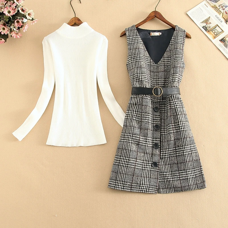 

Winter Spring Two Piece Set Suit Women Long Sleeve Knitted Sweater and Single Breasted Tweed Plaid Overall Dress Plus Size New
