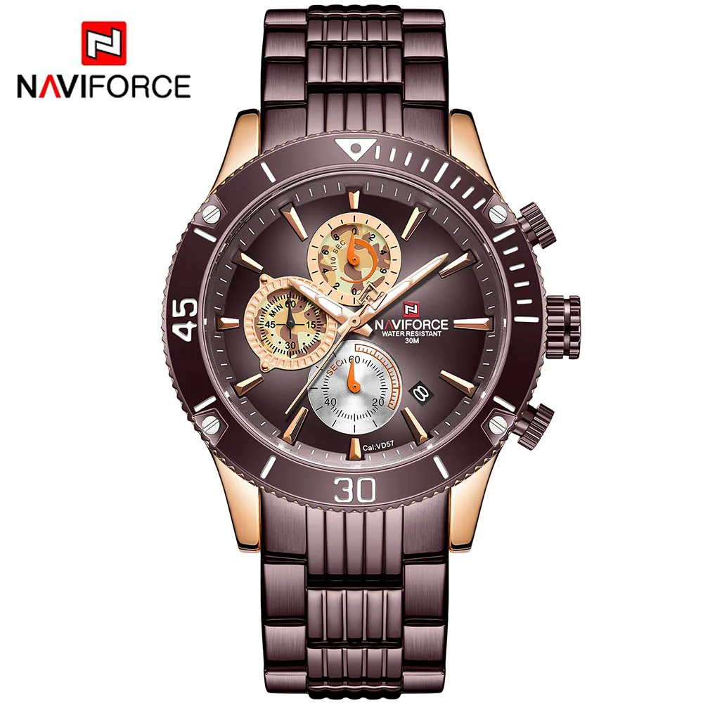 NAVIFORCE, 9173, часы со стальным ремешком, мужские водонепроницаемые спортивные кварцевые часы, Топ бренд, роскошные мужские военные наручные часы с датой - Цвет: Кофе