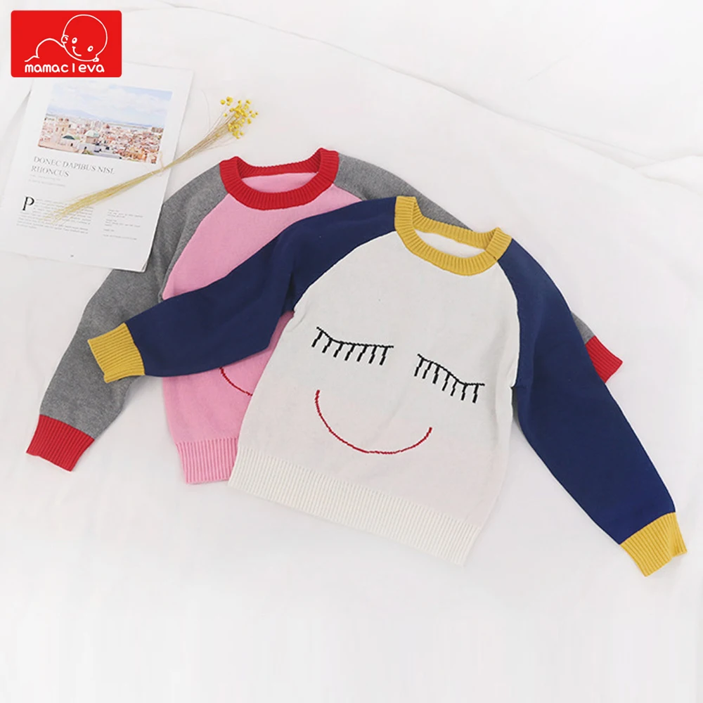 kids spring autumn Sweater top clothes Children cotton Knitwear boys girls round neck pullover Toddler Smiley print clothing