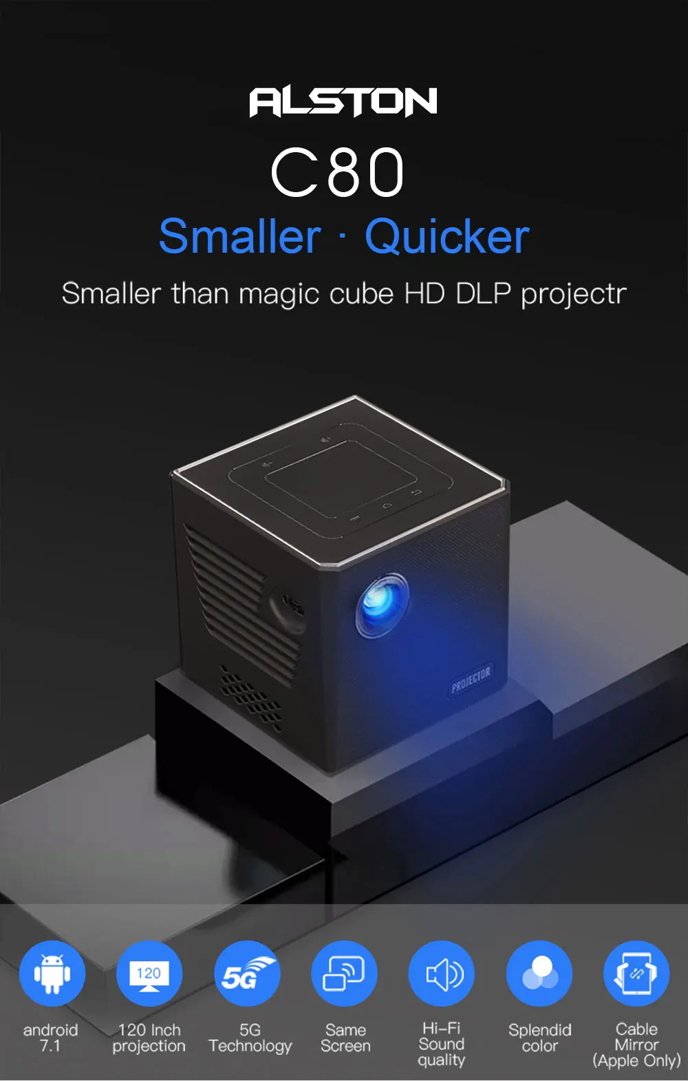 Alston c80 mini dlp android projetor wifi bluetooth 4.0 portátil led projetor de vídeo cinema em casa apoio miracast airplay-1