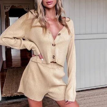 

Knitting Two Pieces Sets Women V-neck Long Sleeve Button Crop Tops And Elastic Shorts Suits Female Fashion Outfits Summer Sets