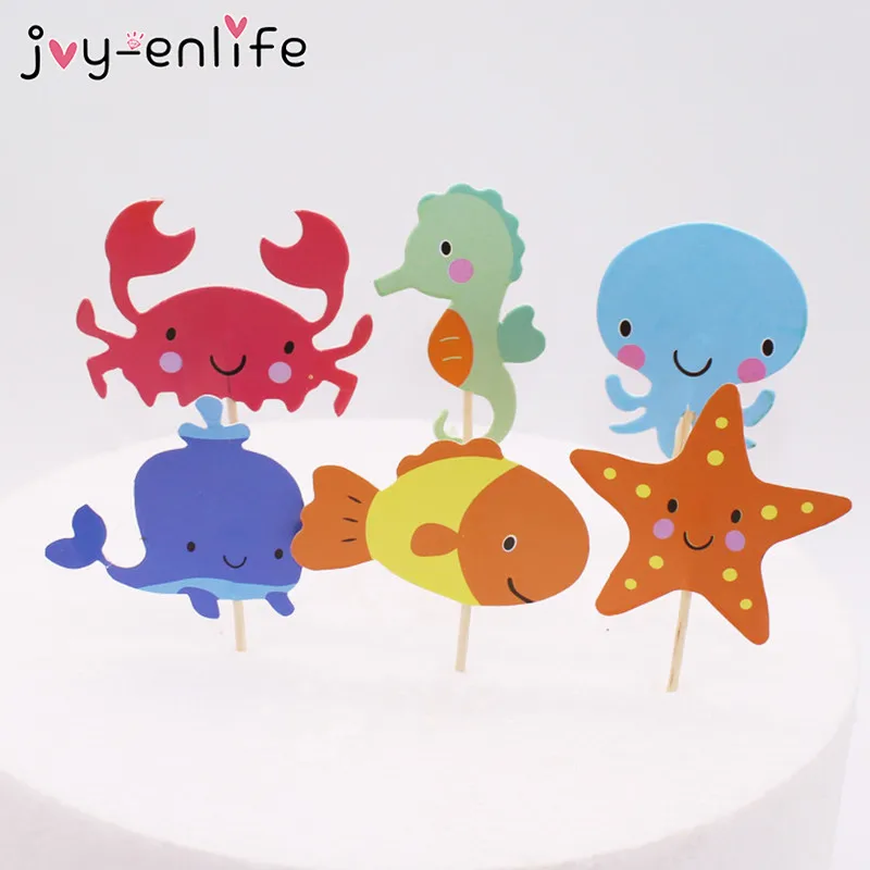 JOY-ENLIFE, 24 шт./лот, топперы для кексов в океане, Кит, гиппокамп, морская звезда, кексы для торта, детские украшения для дня рождения, вечерние принадлежности
