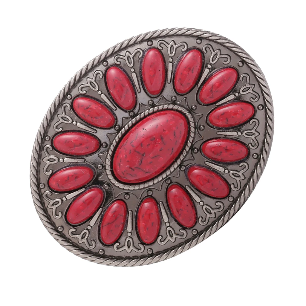 Bohemia Style Oval Red Gem Beads Metal Western Cowboy Belt Buckle