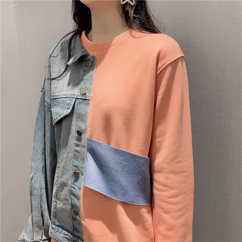 Корейский Strteetwear для женщин с длинным рукавом толстовки Harajuku шикарный Хит Цвет Лоскутные свитшоты деним розовый карманы Топы