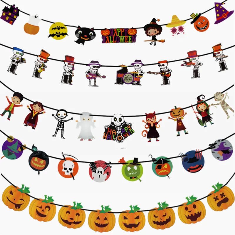 

Halloween Banner Cartoon Pumpkin Witch Spider Skull Pattern Paper Garland Happy Halloween Party Hanging Banner Decoration