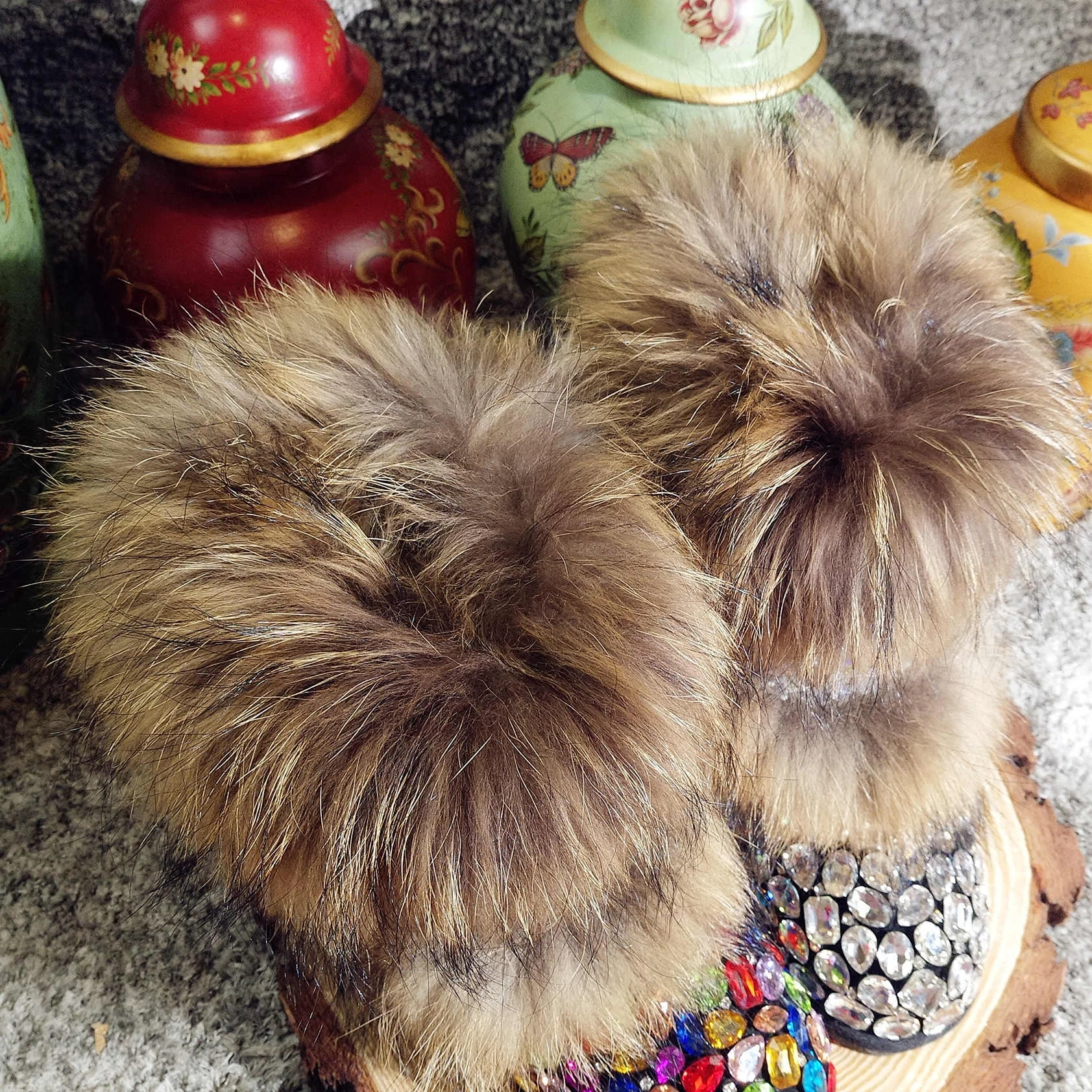 Womens Real Fox Fur Rainbow Colors Crystal Diamond Rhinestones Ankle Boots Bowknot Snow Warm Winter Flats Bling Shoes Luxury DIY