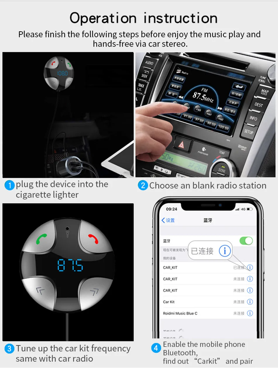 VIKEFON Bluetooth fm-передатчик беспроводной автомобильный комплект MP3 аудио плеер Bluetooth Handsfree Поддержка TF карта автомобильное зарядное устройство Bluetooth 4,2