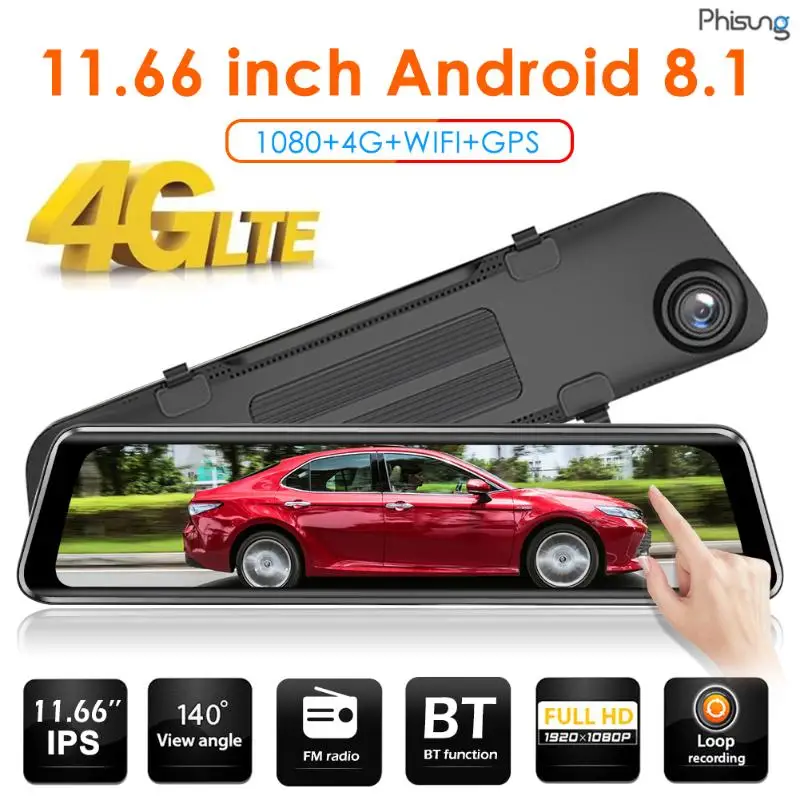 Phisung Z66 4G Android 8,1 FHD 1080P Автомобильный видеорегистратор Камера 11,66 дюймов зеркало заднего вида Двойной Объектив WiFi gps ADAS видеорегистратор