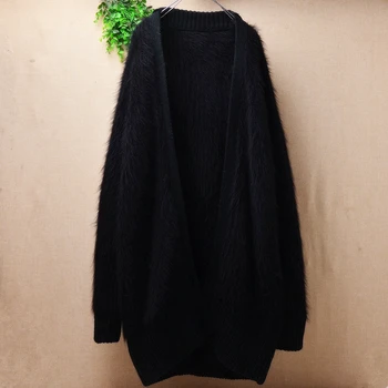 

Top mujer women black thicken loose plush angora rabbit fur cardigan long sleeves sweater mink knit coat winter hot sale