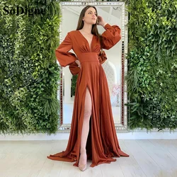 SoDigne Satin Arabic Evening Dresses Long Sleeves V Neck Celebrity Dresses Side Slit Long Formal Prom Evening Gowns Women