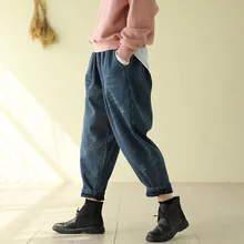 Женские джинсы осень зима эластичный пояс флис теплые свободные джинсовые штаны новые женские повседневные Универсальные джинсовые брюки