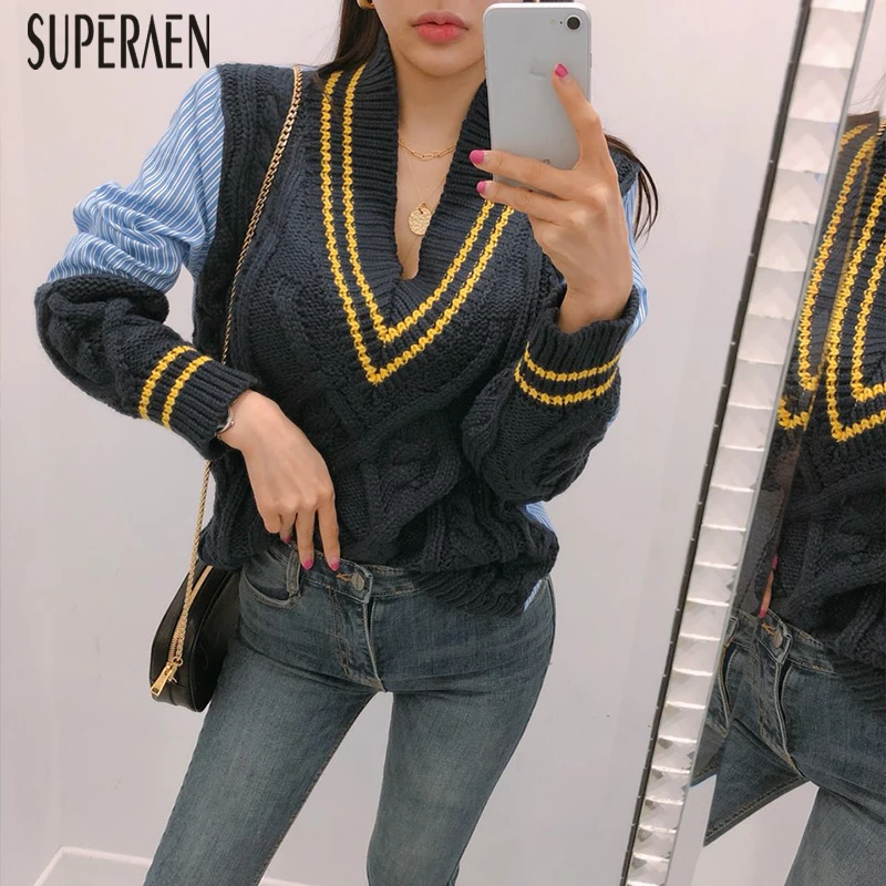 SuperAen, корейский стиль, пуловеры, свитера для женщин, новинка, Осенние, в полоску, сшитые, женские свитера с v-образным вырезом, повседневные, вязаные топы для женщин