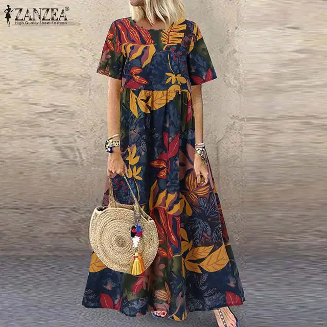 ZANZEA Fashion Summer Maxi Dress Women's Printed Sundress Casual Short Sleeve Vestidos Female High Waist Robe Femme A3 Green Cotton
