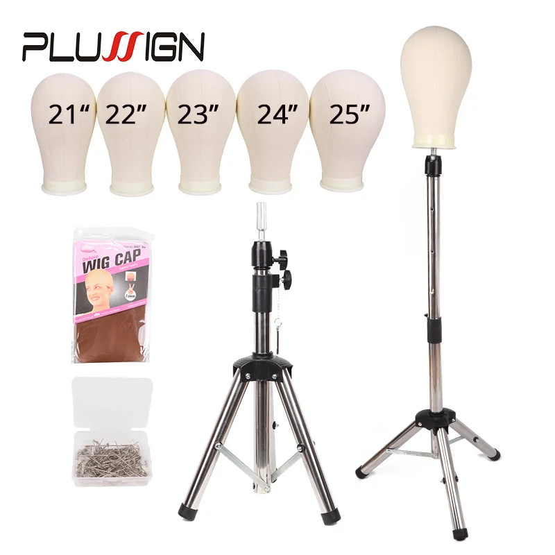 Plussign Wig Stand Tripod With Head & Pins Wig Making Tripod With Canvas Manneuqin Head 21-25 Inch Wig Block Head Silver Tripod